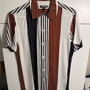 Express Men's Vertical Striped Shirt - Black, White, and Brown